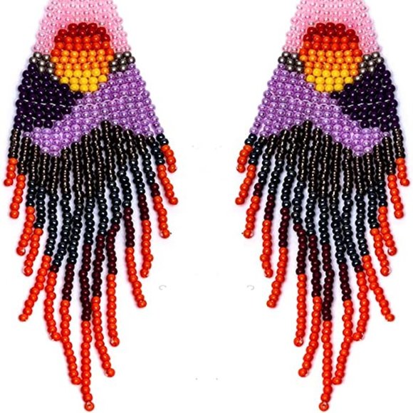 Long Abstract Sunset Scenery Beaded Earrings Pink Purple Orange Black Seed Beads - Picture 9 of 10